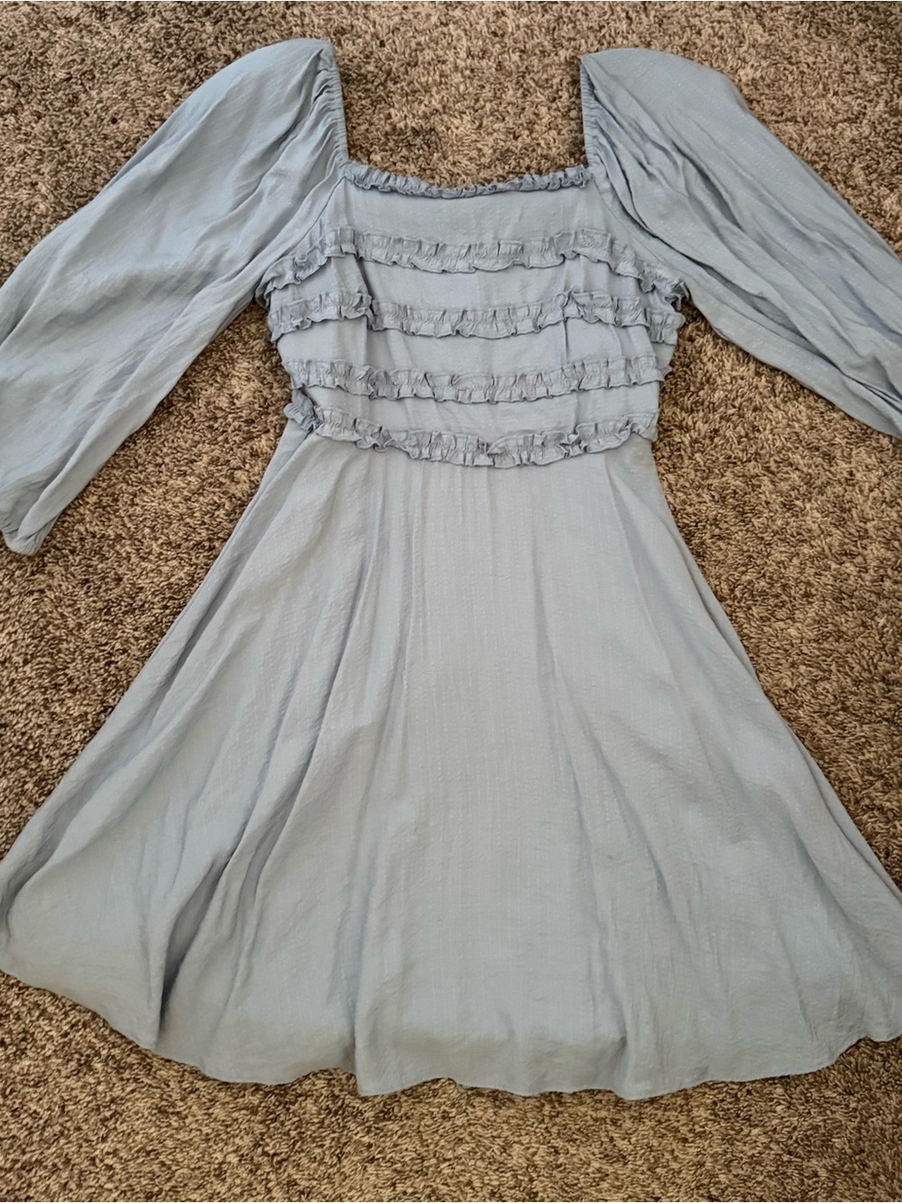 Peach Love California Light Blue Ruffle Square-Neck Dress with Puff Sleeves